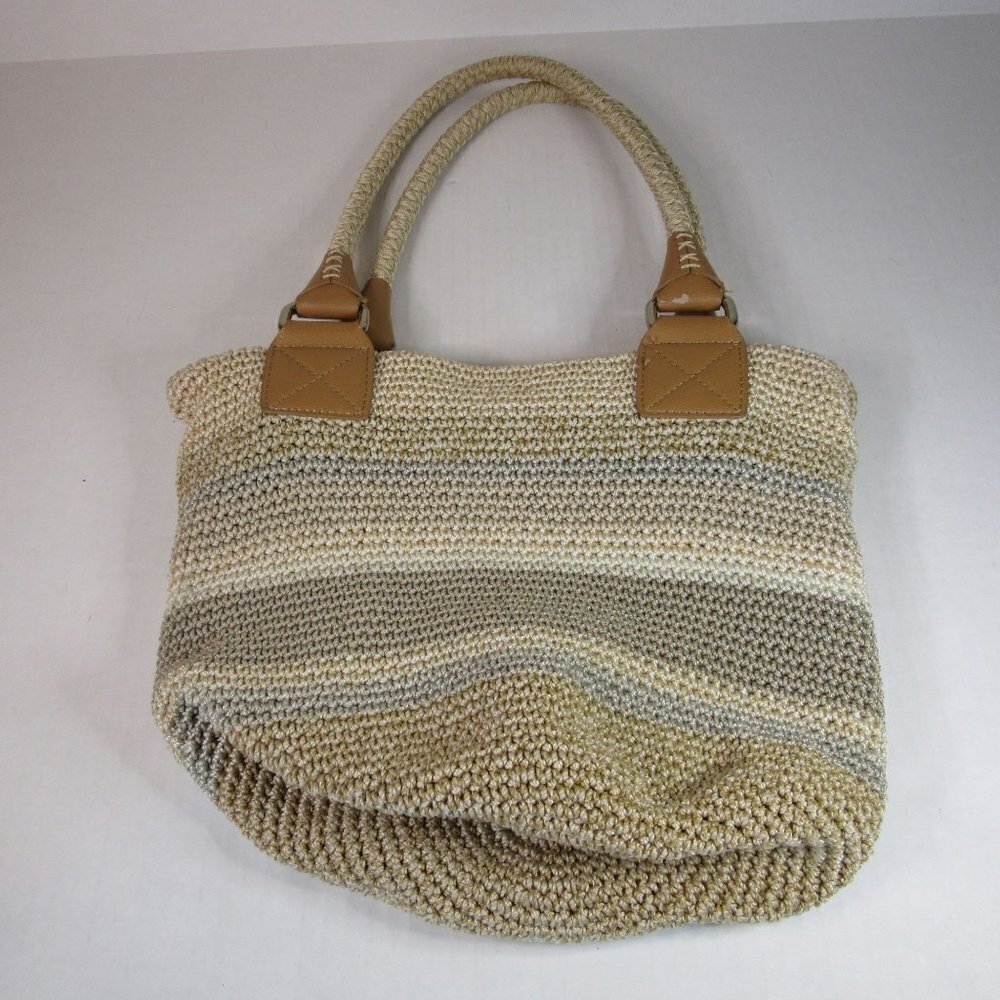 The Sak Purse Beige Tan Striped Knit Hobo Shoulder Bag Boho Tropical Casual